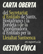 carta oberta Secretariat d’Entitats de Sants, Hostafrancs i la Bordeta i de la Coordinadora d’Entitats per la Lleialtat Santsenca